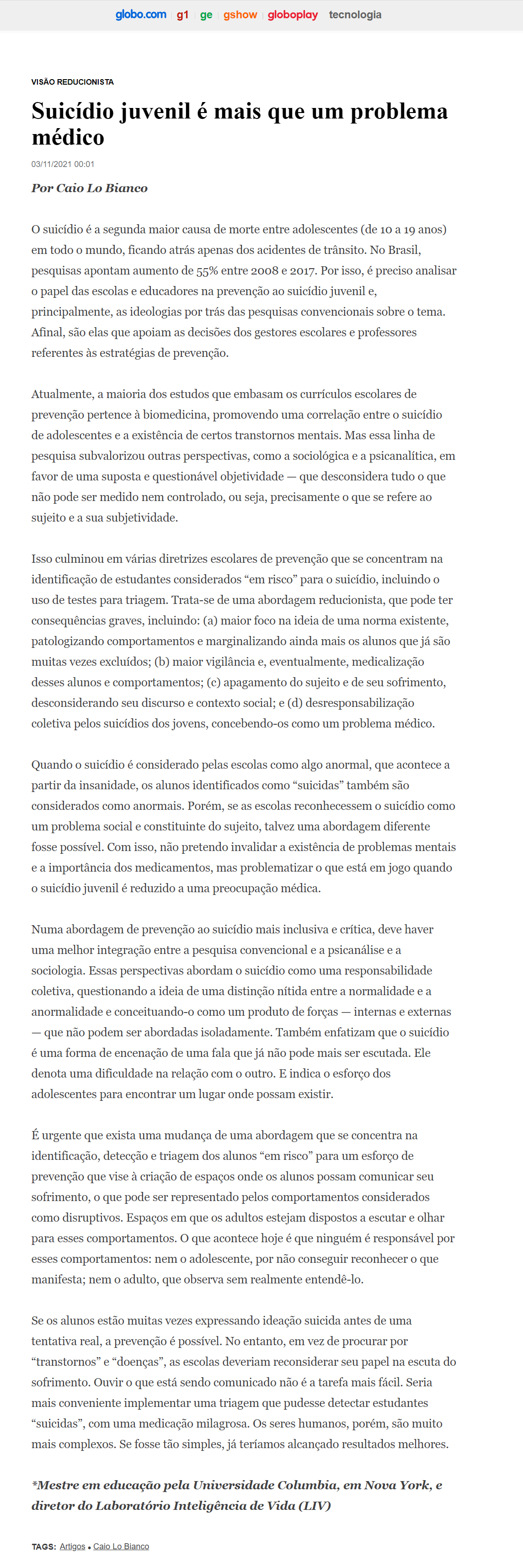 Suicídio juvenil é mais que um problema médico - Jornal O Globo