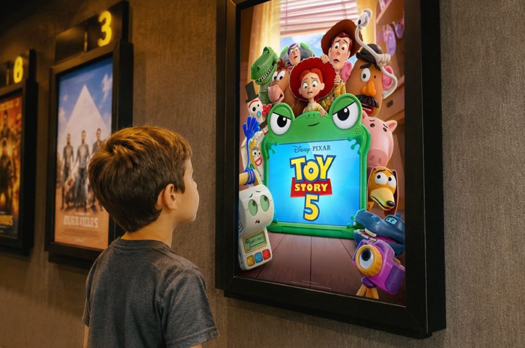 Criança observa poster do filme Toy Story 5.