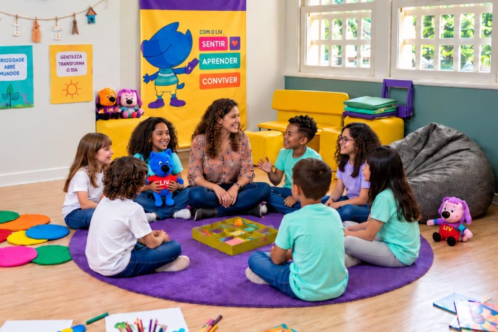 Estudantes e educadores dispostos em roda participando da dinâmica do Círculo da Confiança no LIV em sala de aula.
