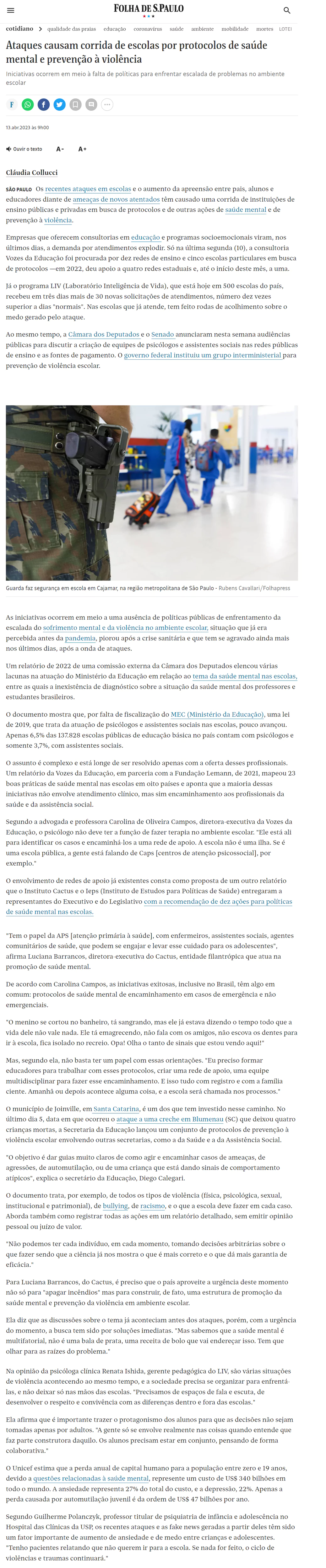 Artigo da Folha de São Paulo sobre a busca por protocolos de saúde mental e prevenção à violência nas escolas